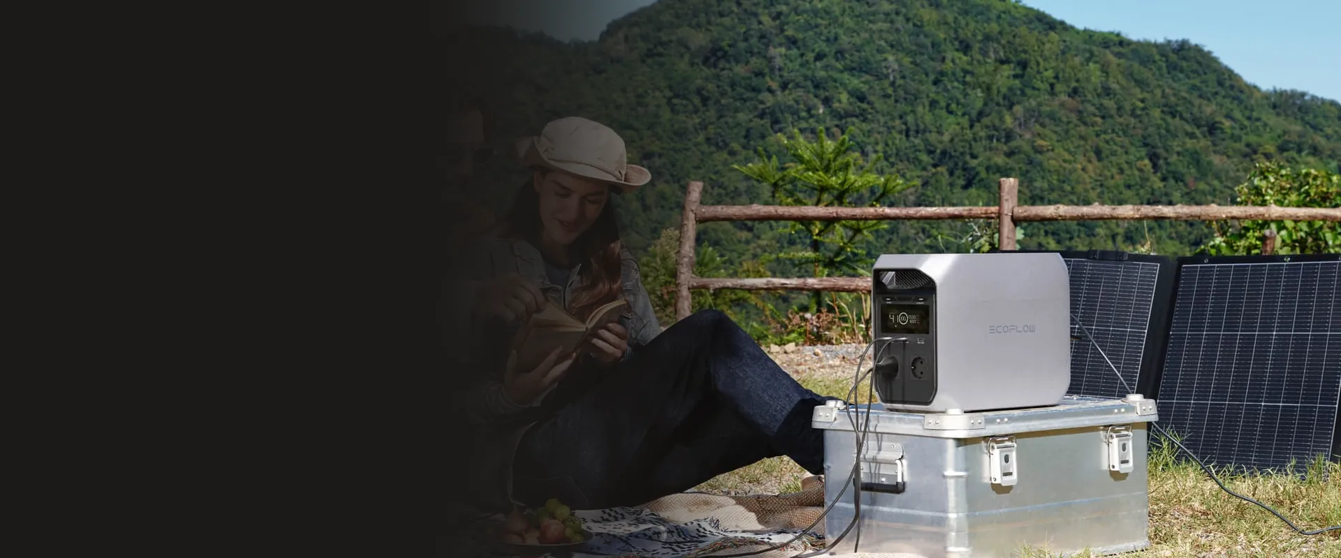 EcoFlow DELTA 3 Classic with solar panels at a mountain picnic